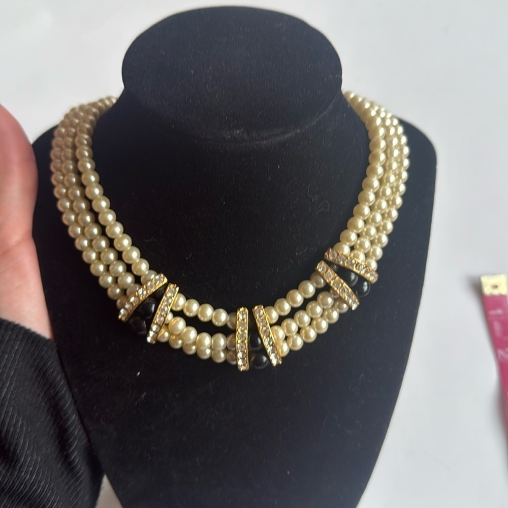 Vintage Elegant Three Strand Faux Pearl and Rhinestone Gold Necklace